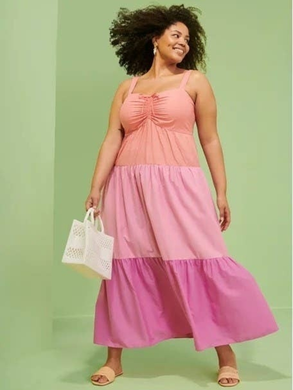 Terra & Sky Colorblock Pink Tiered Maxi Dress Size 0X Ruffle Sleeveless